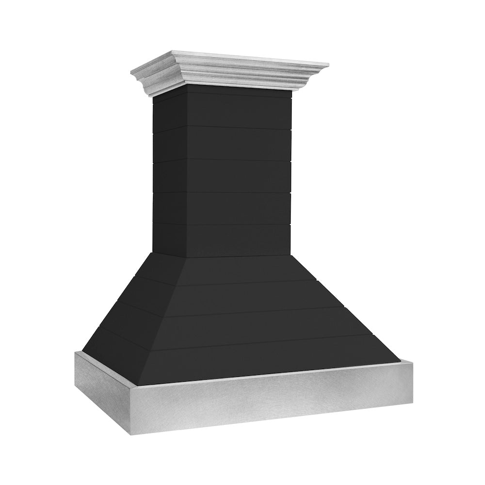 36 In. Wooden Wall Mount Range Hood In Rustic Shiplap Black Finish With Stainless Steel Accents 365CC36
