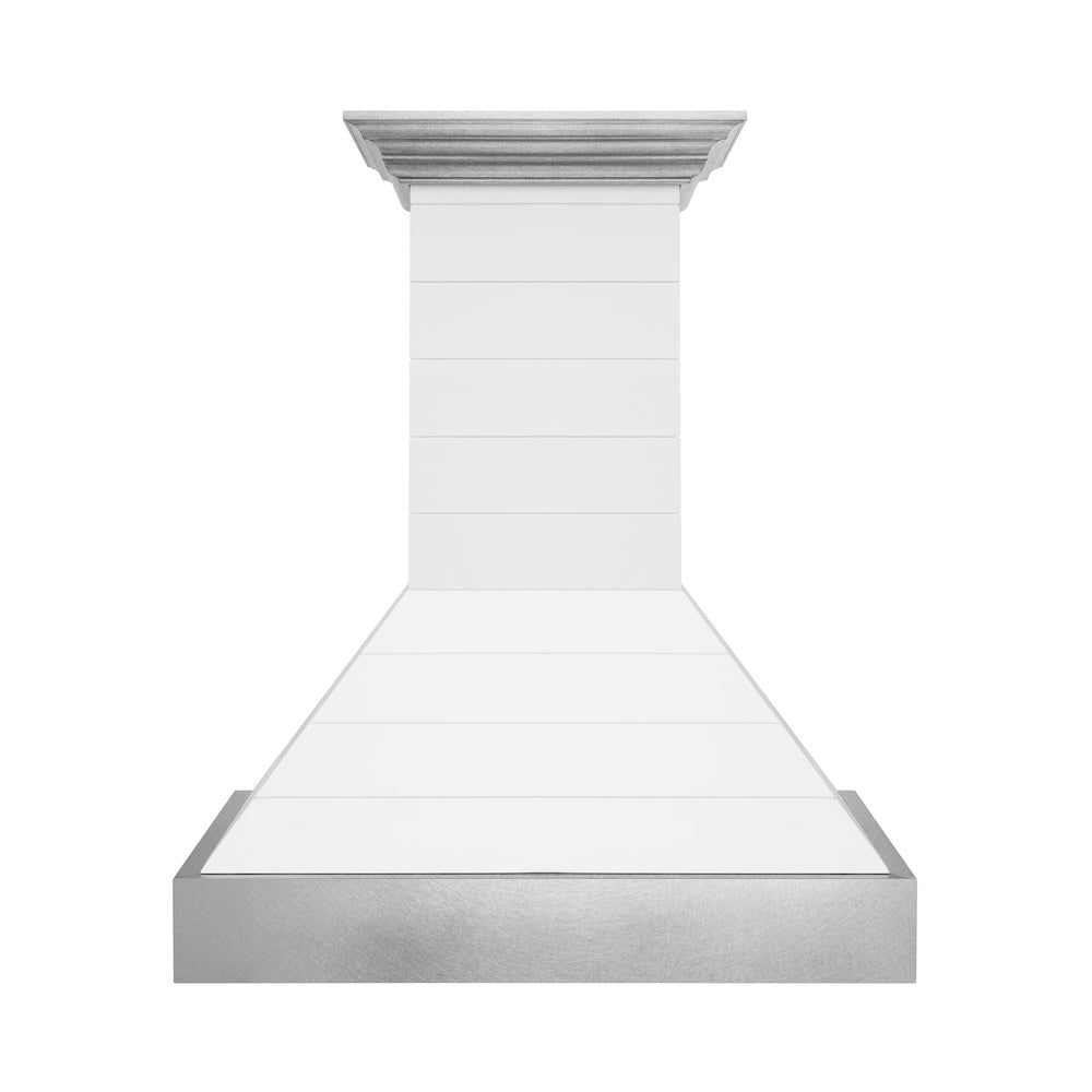 30 In. Wooden Wall Mount Range Hood In Rustic Shiplap Bright White Finish With Stainless Steel Accents 365WW30