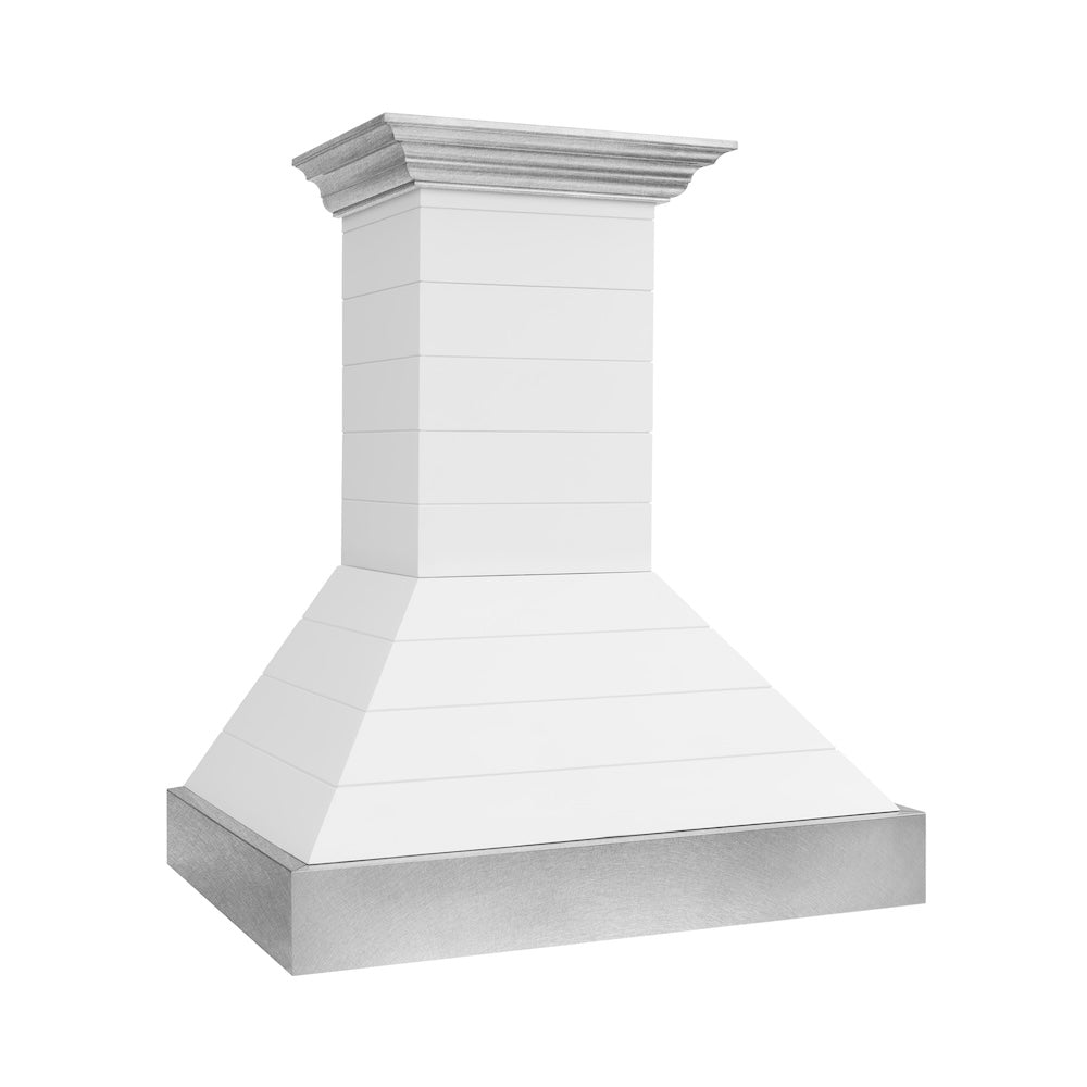 30 In. Wooden Wall Mount Range Hood In Rustic Shiplap Bright White Finish With Stainless Steel Accents 365WW30