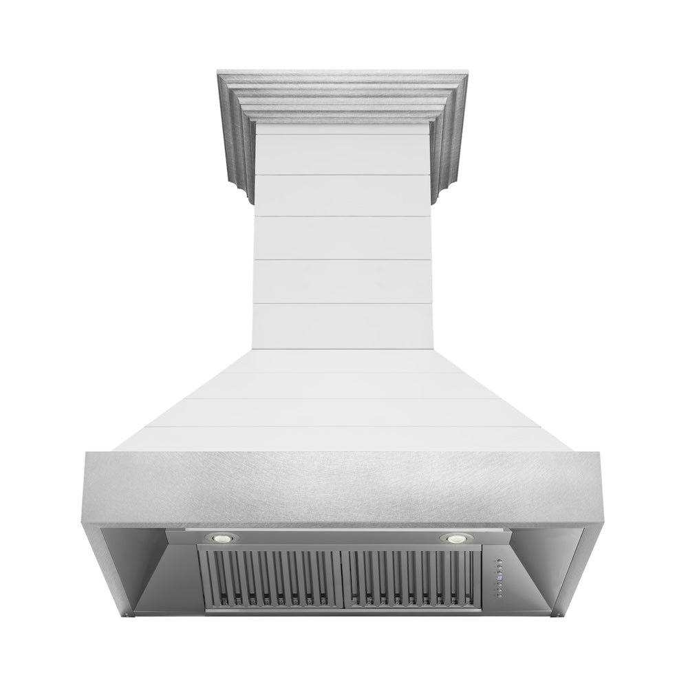 36 In. Wooden Wall Mount Range Hood In Rustic Shiplap Bright White Finish With Stainless Steel Accents 365WW36
