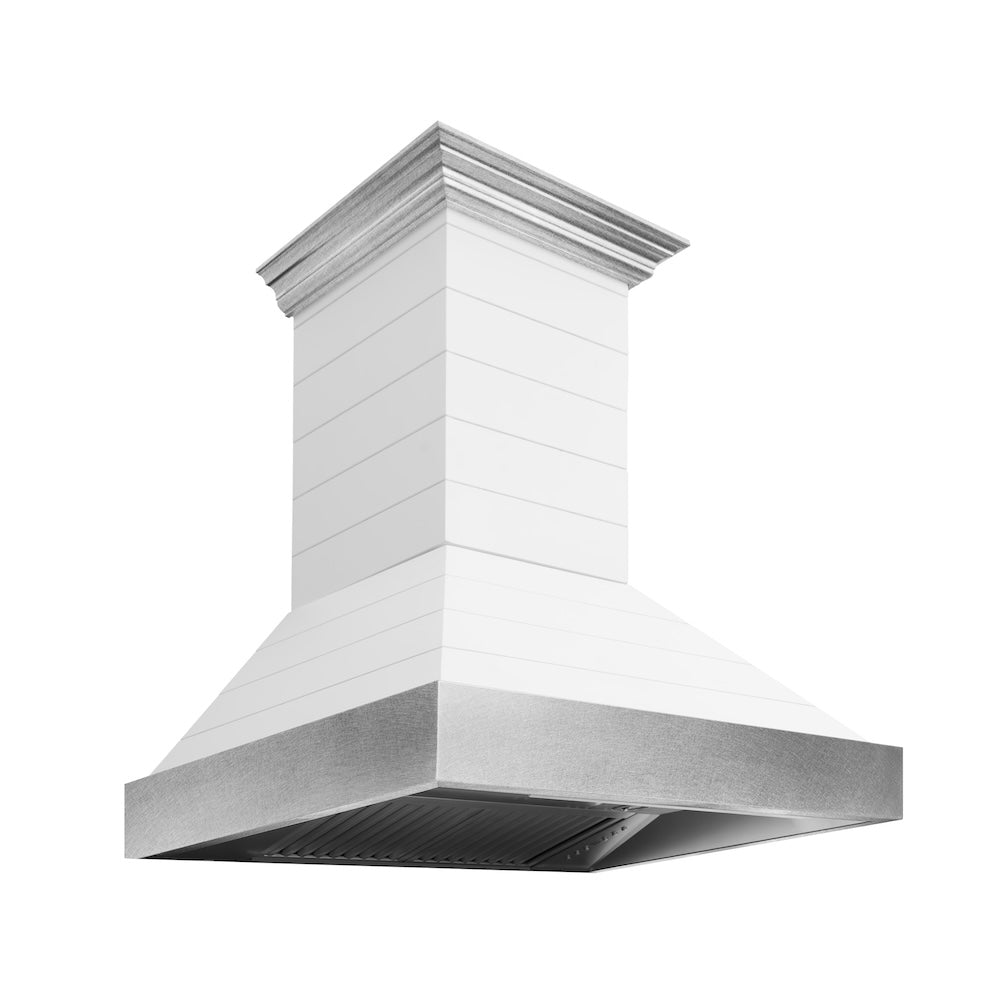 36 In. Wooden Wall Mount Range Hood In Rustic Shiplap Bright White Finish With Stainless Steel Accents 365WW36