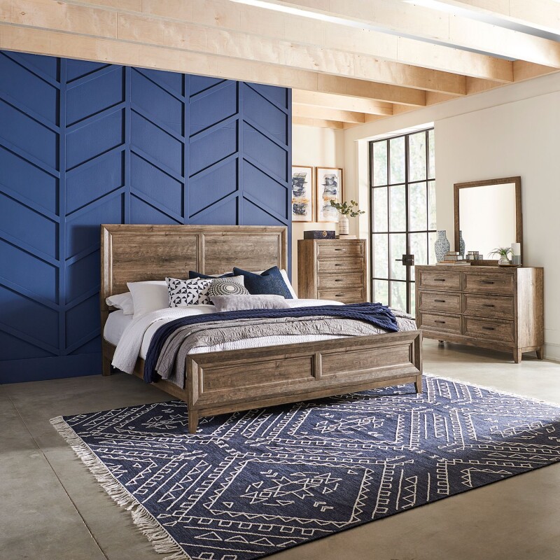 Ridgecrest King Panel Bed, Dresser & Mirror, Chest 384BRKPBDMC