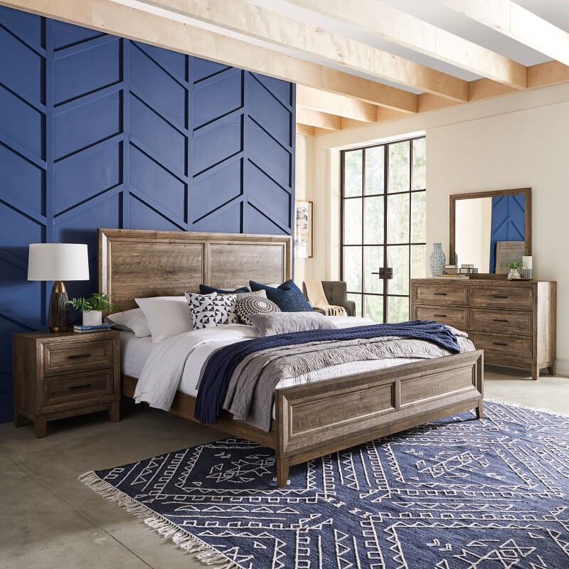 Ridgecrest Queen Panel Bed, Dresser & Mirror, Night Stand 384BRQPBDMN
