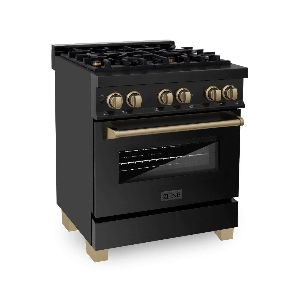 Autograph Edition 30 in. Kitchen Package with Black Stainless Steel Dual Fuel Range, Range Hood and Dishwasher with Champagne Bronze Accents 3AKPRABRHDWV30CB
