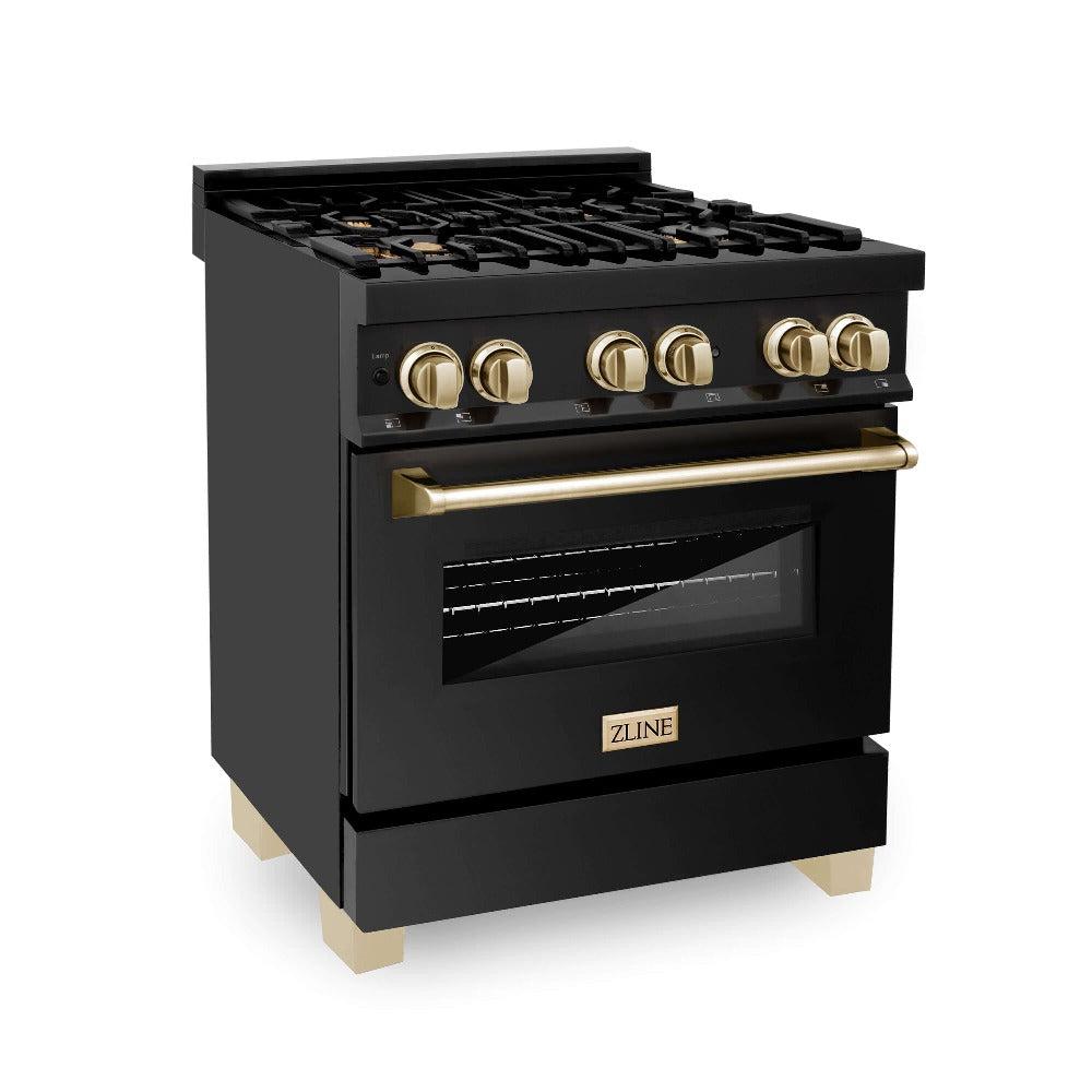 Autograph Edition 30 in. Kitchen Package with Black Stainless Steel Dual Fuel Range, Range Hood and Dishwasher with Polished Gold Accents 3AKPRABRHDWV30G