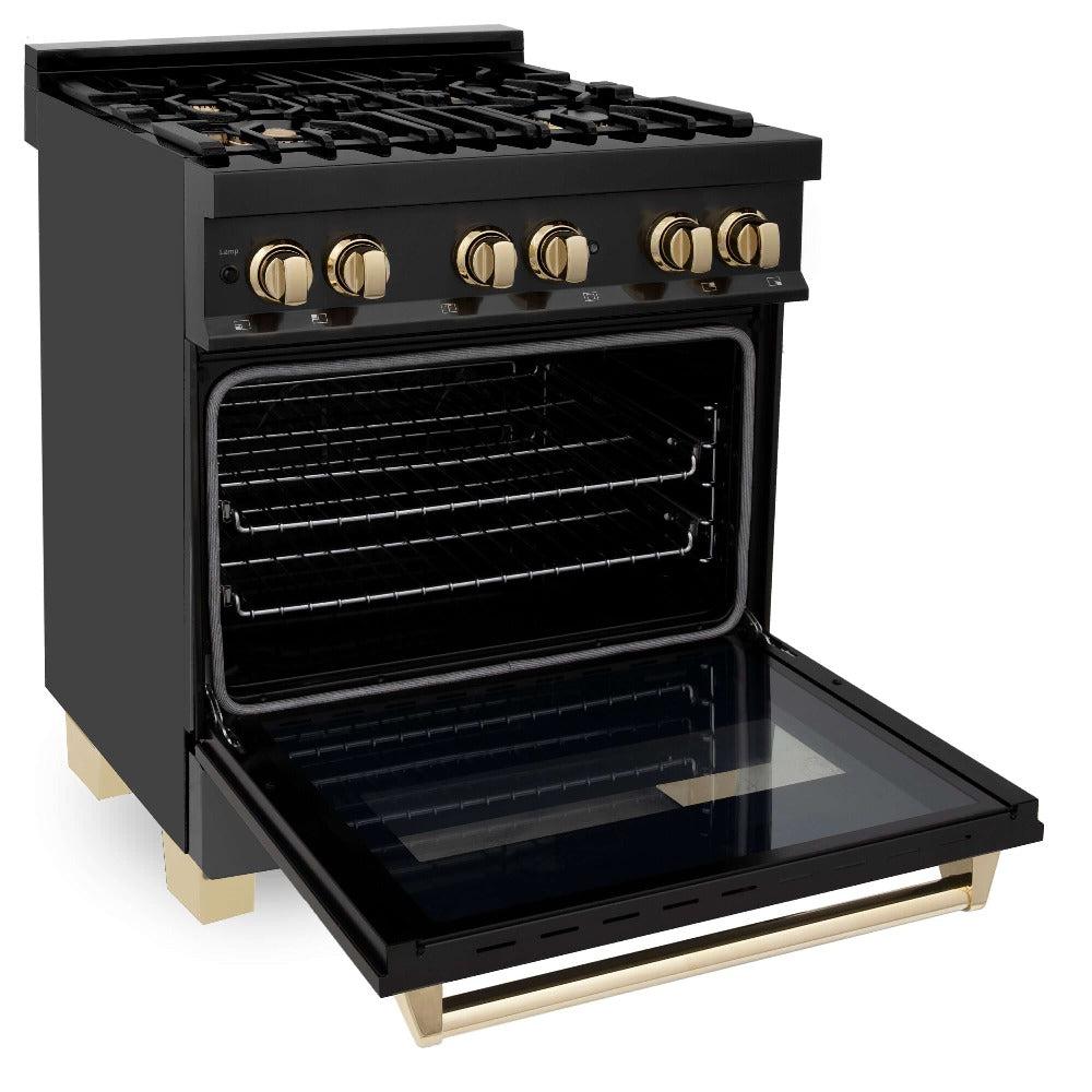Autograph Edition 30 in. Kitchen Package with Black Stainless Steel Dual Fuel Range, Range Hood and Dishwasher with Polished Gold Accents 3AKPRABRHDWV30G