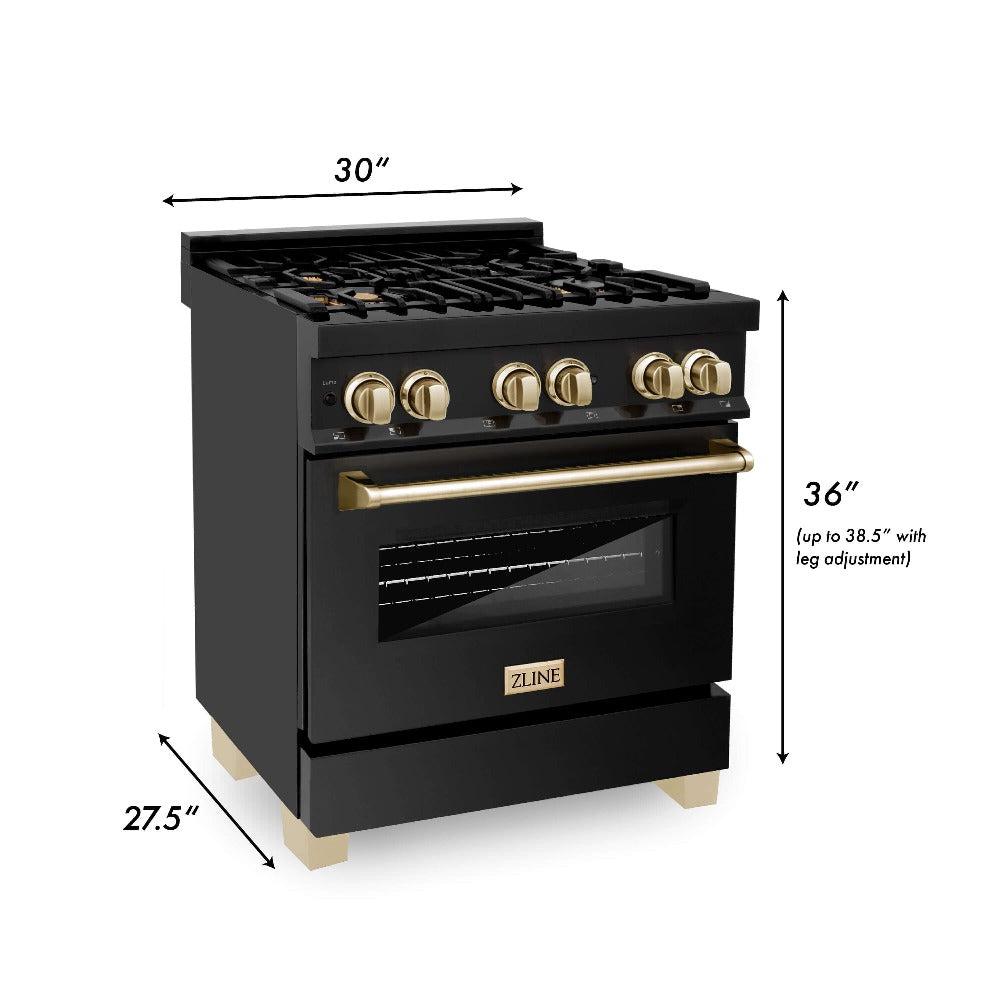 Autograph Edition 30 in. Kitchen Package with Black Stainless Steel Dual Fuel Range, Range Hood and Dishwasher with Polished Gold Accents 3AKPRABRHDWV30G