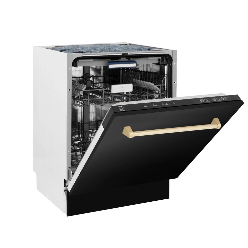 Autograph Edition 30 in. Kitchen Package with Black Stainless Steel Dual Fuel Range, Range Hood and Dishwasher with Polished Gold Accents 3AKPRABRHDWV30G