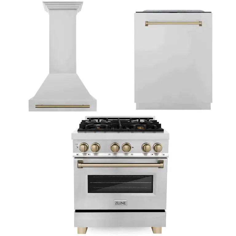 Autograph Edition 30 in. Kitchen Package with Stainless Steel Dual Fuel Range and Range Hood with Champagne Bronze Accents 3AKPRARHDWM30CB