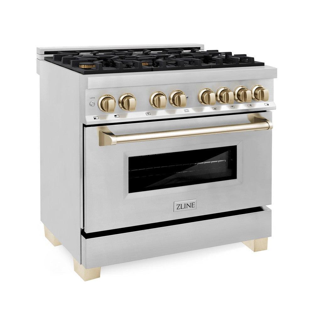 Autograph Edition 36 in. Kitchen Package with Stainless Steel Dual Fuel Range, Range Hood and Dishwasher with Polished Gold Accents 3AKPRARHDWM36G