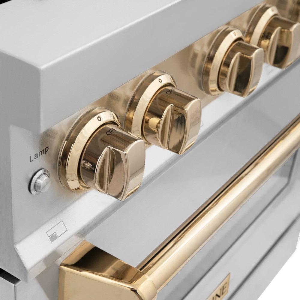 Autograph Edition 36 in. Kitchen Package with Stainless Steel Dual Fuel Range, Range Hood and Dishwasher with Polished Gold Accents 3AKPRARHDWM36G