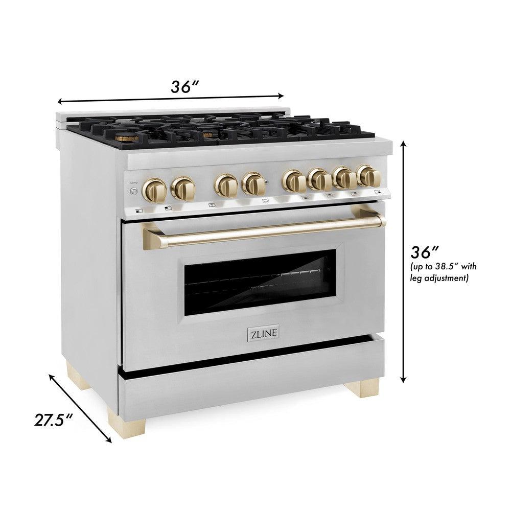 Autograph Edition 36 in. Kitchen Package with Stainless Steel Dual Fuel Range, Range Hood and Dishwasher with Polished Gold Accents 3AKPRARHDWM36G