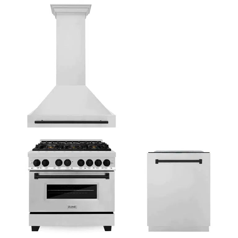 Autograph Edition 36 in. Kitchen Package with Stainless Steel Dual Fuel Range, Range Hood and Dishwasher with Matte Black Accents 3AKPRARHDWM36MB
