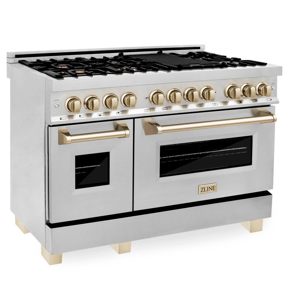 Autograph Edition 48 in. Kitchen Package with Stainless Steel Dual Fuel Range, Range Hood and Dishwasher with Polished Gold Accents 3AKPRARHDWM48G, product image 10 of 20