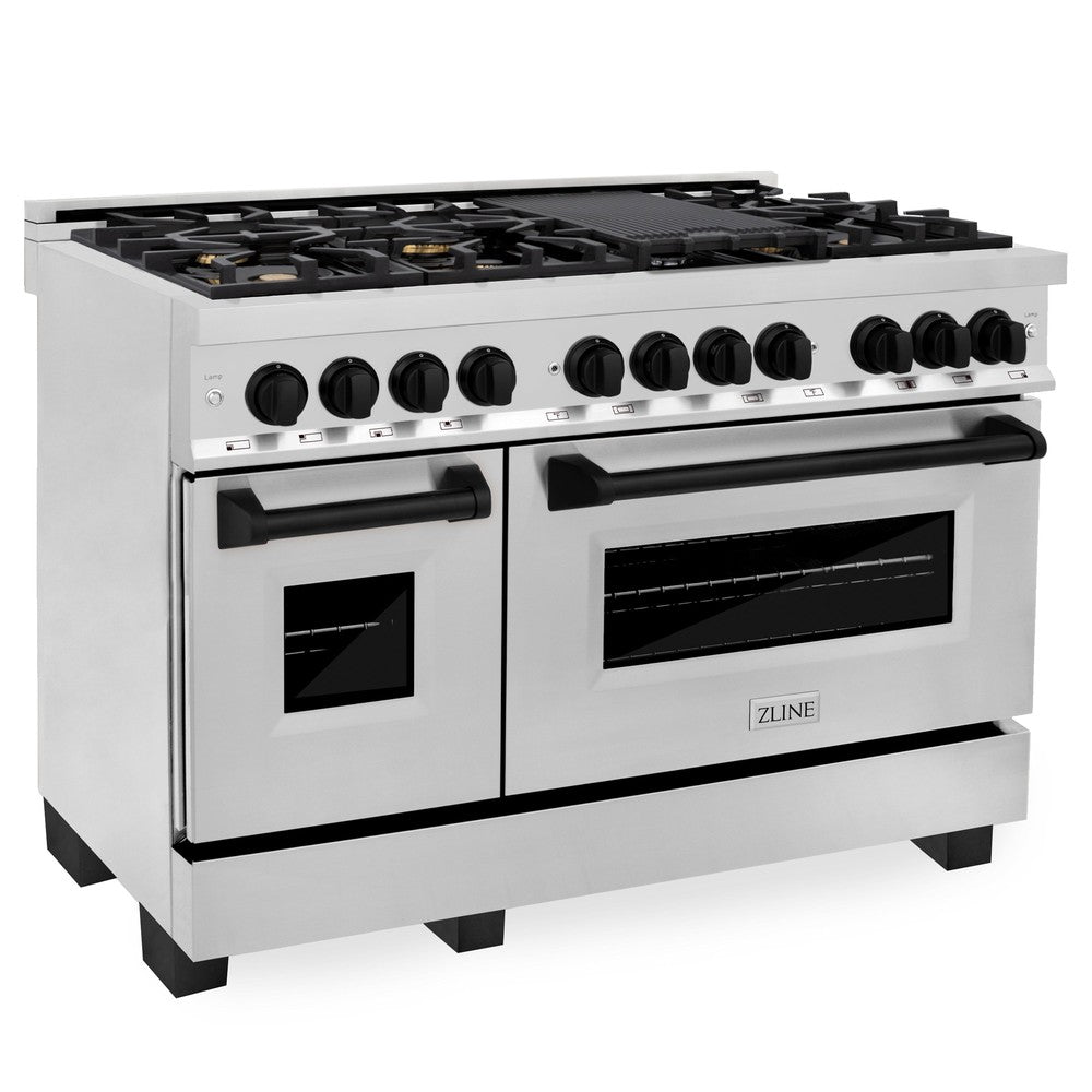 Autograph Edition 48 in. Kitchen Package with Stainless Steel Dual Fuel Range, Range Hood and Dishwasher with Matte Black Accents 3AKPRARHDWM48MB