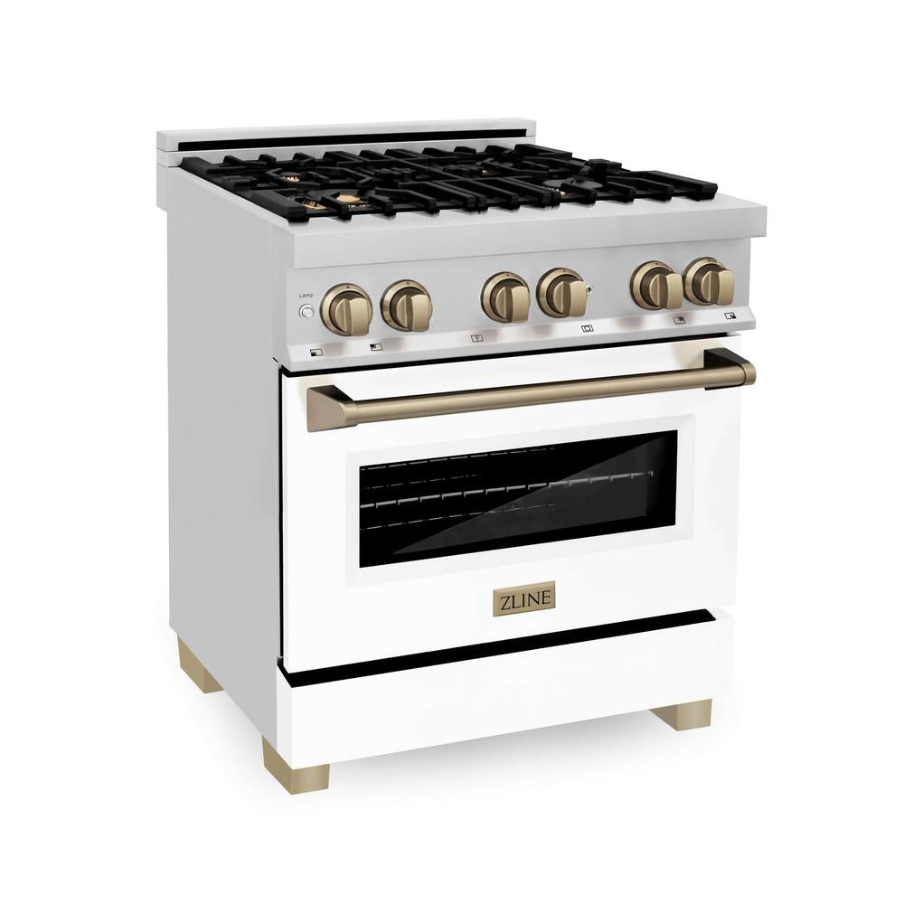 Autograph Edition 30 in. Kitchen Package with Stainless Steel Dual Fuel Range with White Matte Door, Range Hood and Dishwasher with Champagne Bronze Accents 3AKPRAWMRHDWM30CB