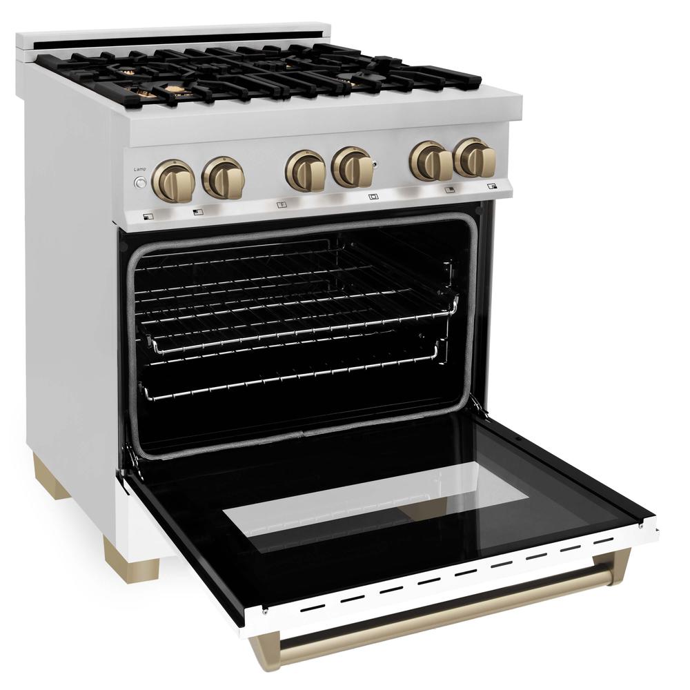 Autograph Edition 30 in. Kitchen Package with Stainless Steel Dual Fuel Range with White Matte Door, Range Hood and Dishwasher with Champagne Bronze Accents 3AKPRAWMRHDWM30CB