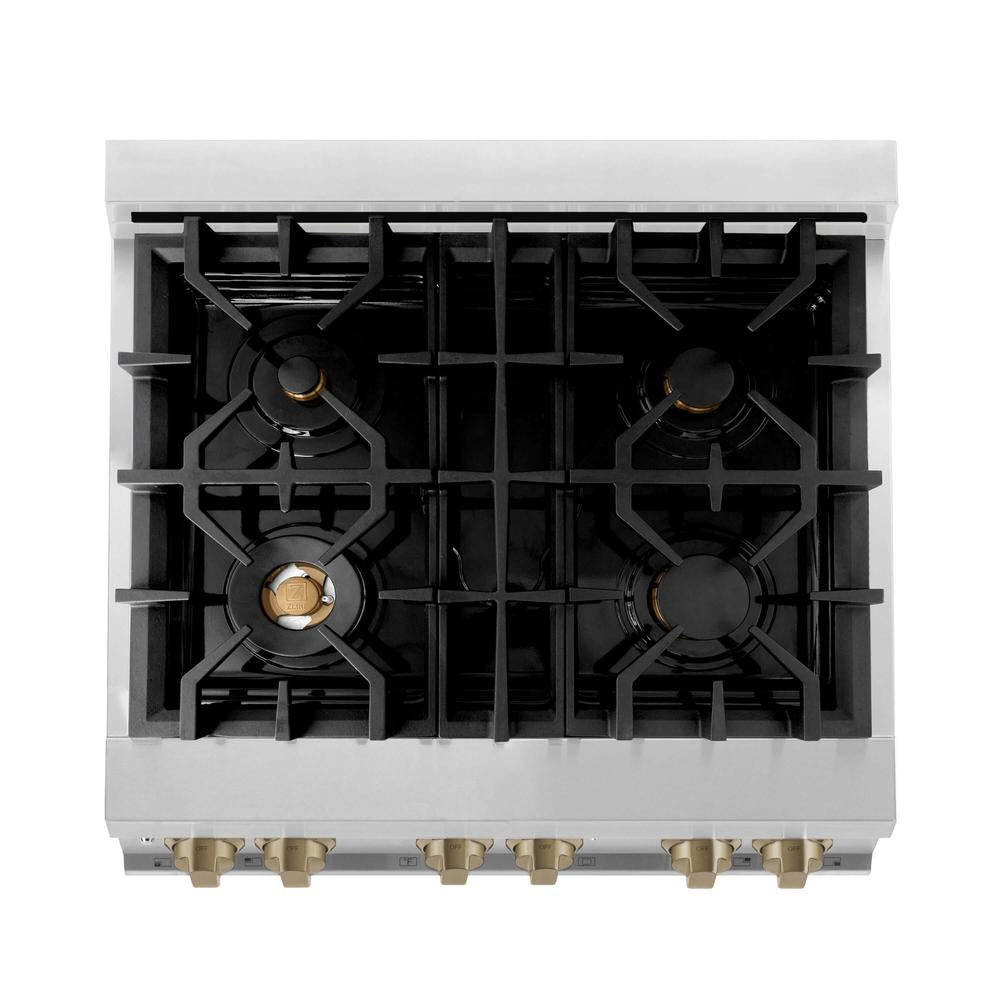 Autograph Edition 30 in. Kitchen Package with Stainless Steel Dual Fuel Range with White Matte Door, Range Hood and Dishwasher with Champagne Bronze Accents 3AKPRAWMRHDWM30CB