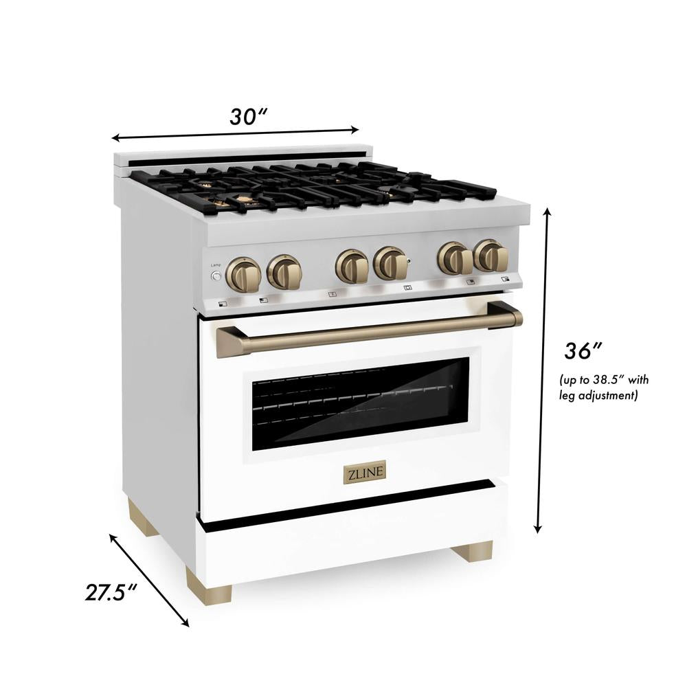 Autograph Edition 30 in. Kitchen Package with Stainless Steel Dual Fuel Range with White Matte Door, Range Hood and Dishwasher with Champagne Bronze Accents 3AKPRAWMRHDWM30CB