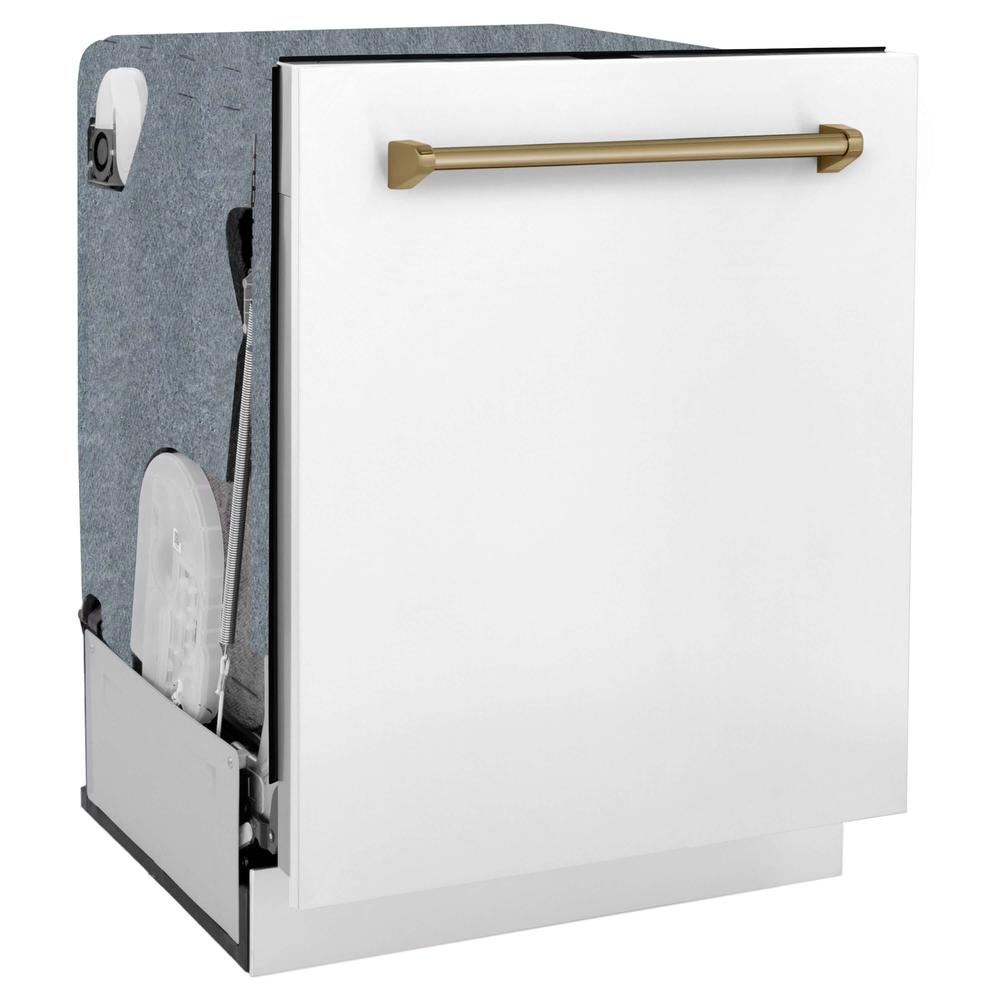 Autograph Edition 30 in. Kitchen Package with Stainless Steel Dual Fuel Range with White Matte Door, Range Hood and Dishwasher with Champagne Bronze Accents 3AKPRAWMRHDWM30CB