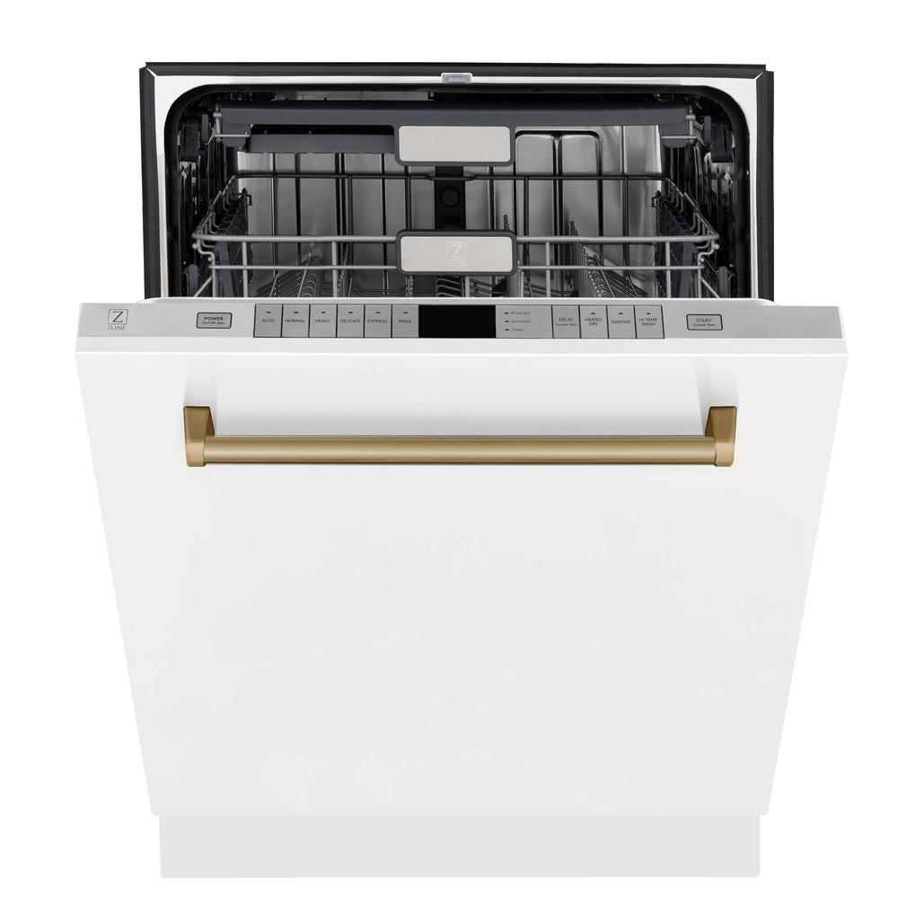 Autograph Edition 30 in. Kitchen Package with Stainless Steel Dual Fuel Range with White Matte Door, Range Hood and Dishwasher with Champagne Bronze Accents 3AKPRAWMRHDWM30CB