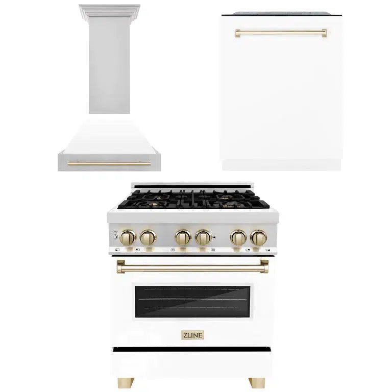Autograph Edition 30 in. Kitchen Package with Stainless Steel Dual Fuel Range with White Matte Door, Range Hood and Dishwasher with Polished Gold Accents 3AKPRAWMRHDWM30G