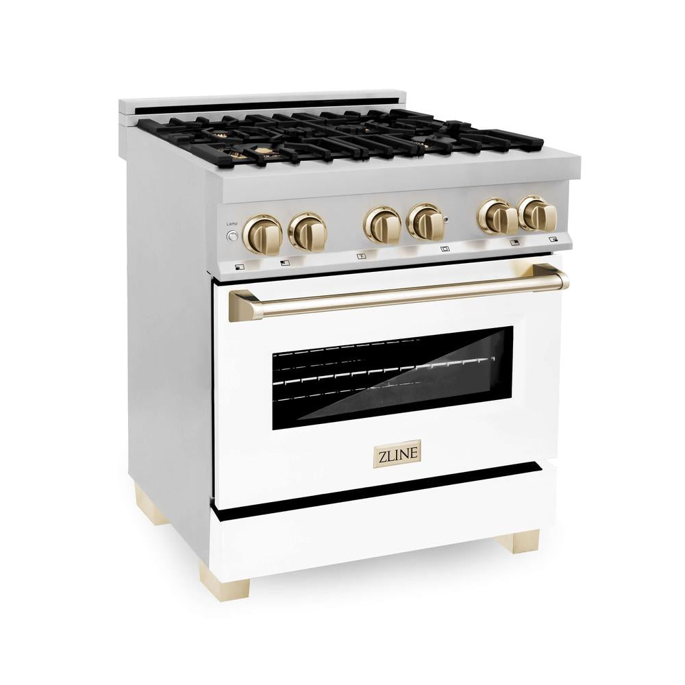 Autograph Edition 30 in. Kitchen Package with Stainless Steel Dual Fuel Range with White Matte Door, Range Hood and Dishwasher with Polished Gold Accents 3AKPRAWMRHDWM30G, product image 11 of 22