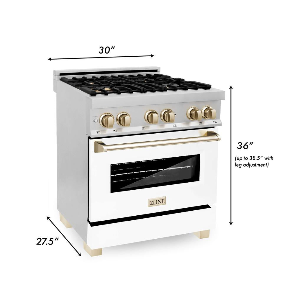 Autograph Edition 30 in. Kitchen Package with Stainless Steel Dual Fuel Range with White Matte Door, Range Hood and Dishwasher with Polished Gold Accents 3AKPRAWMRHDWM30G, product image 8 of 22