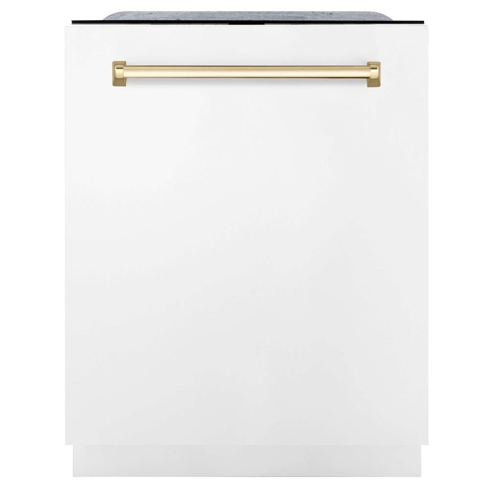 Autograph Edition 30 in. Kitchen Package with Stainless Steel Dual Fuel Range with White Matte Door, Range Hood and Dishwasher with Polished Gold Accents 3AKPRAWMRHDWM30G, product image 16 of 22
