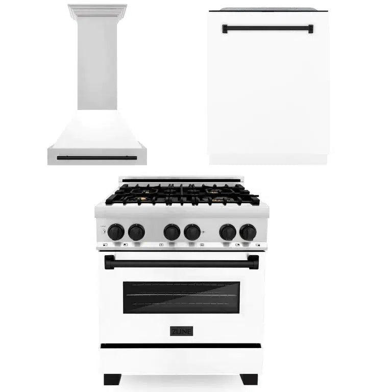 Autograph Edition 30 in. Kitchen Package with Stainless Steel Dual Fuel Range with White Matte Door, Range Hood and Dishwasher with Matte Black Accents 3AKPRAWMRHDWM30MB