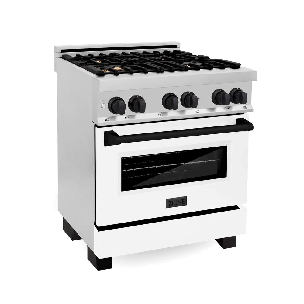 Autograph Edition 30 in. Kitchen Package with Stainless Steel Dual Fuel Range with White Matte Door, Range Hood and Dishwasher with Matte Black Accents 3AKPRAWMRHDWM30MB