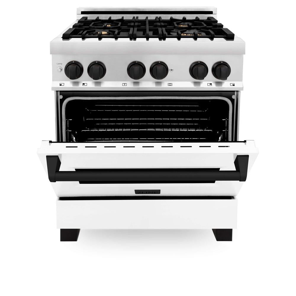 Autograph Edition 30 in. Kitchen Package with Stainless Steel Dual Fuel Range with White Matte Door, Range Hood and Dishwasher with Matte Black Accents 3AKPRAWMRHDWM30MB