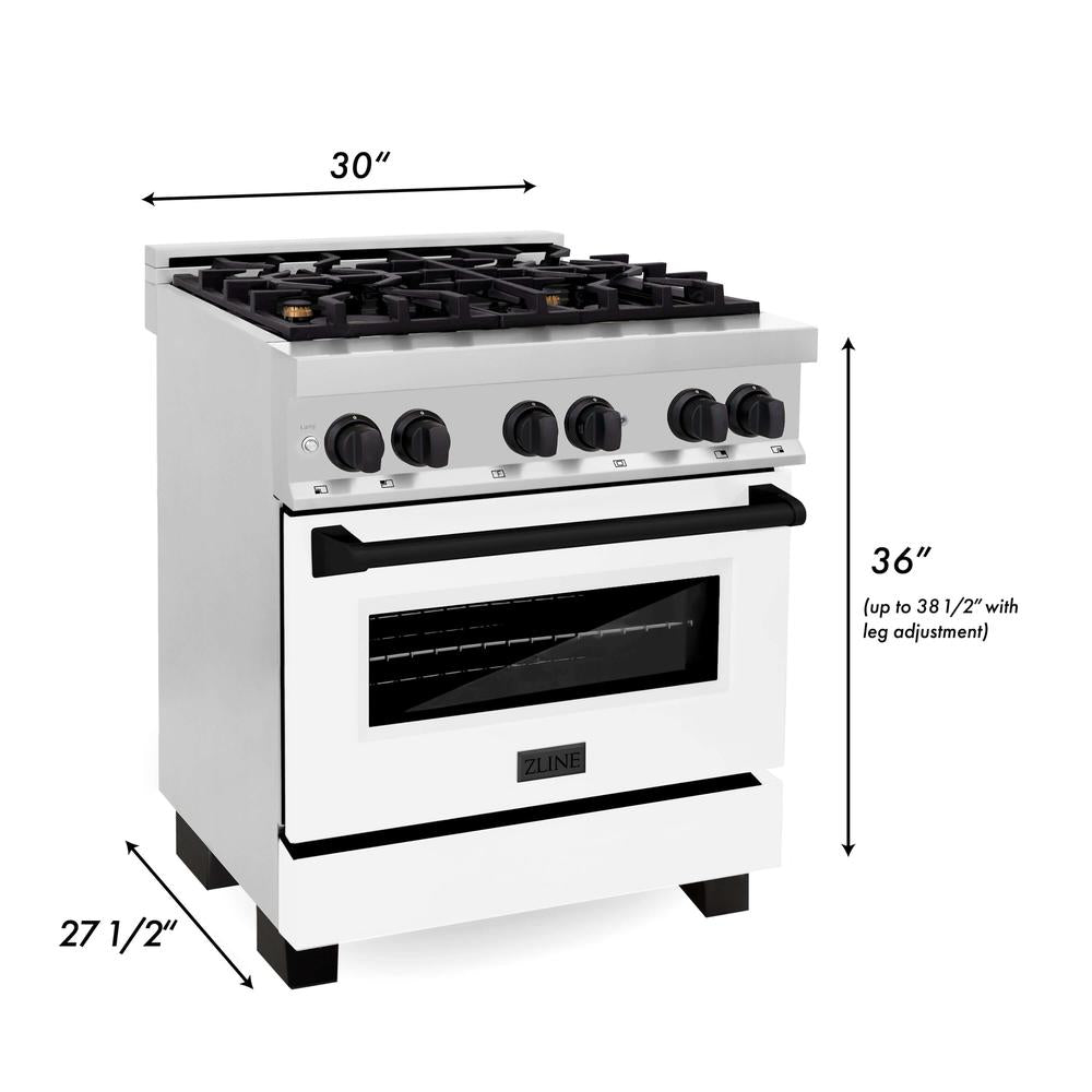 Autograph Edition 30 in. Kitchen Package with Stainless Steel Dual Fuel Range with White Matte Door, Range Hood and Dishwasher with Matte Black Accents 3AKPRAWMRHDWM30MB