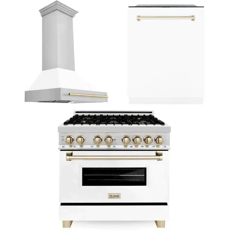 Autograph Edition 36 in. Kitchen Package with Stainless Steel Dual Fuel Range with White Matte Door, Range Hood and Dishwasher with Polished Gold Accents 3AKPRAWMRHDWM36G