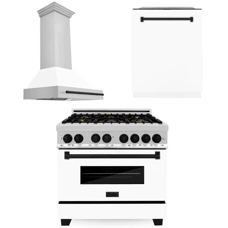 Autograph Edition 36 in. Kitchen Package with Stainless Steel Dual Fuel Range with White Matte Door, Range Hood and Dishwasher with Matte Black Accents 3AKPRAWMRHDWM36MB