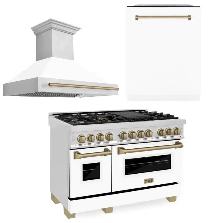 Autograph Edition 48 in. Kitchen Package with Stainless Steel Dual Fuel Range with White Matte Door, Range Hood and Dishwasher with Champagne Bronze Accents 3AKPRAWMRHDWM48CB