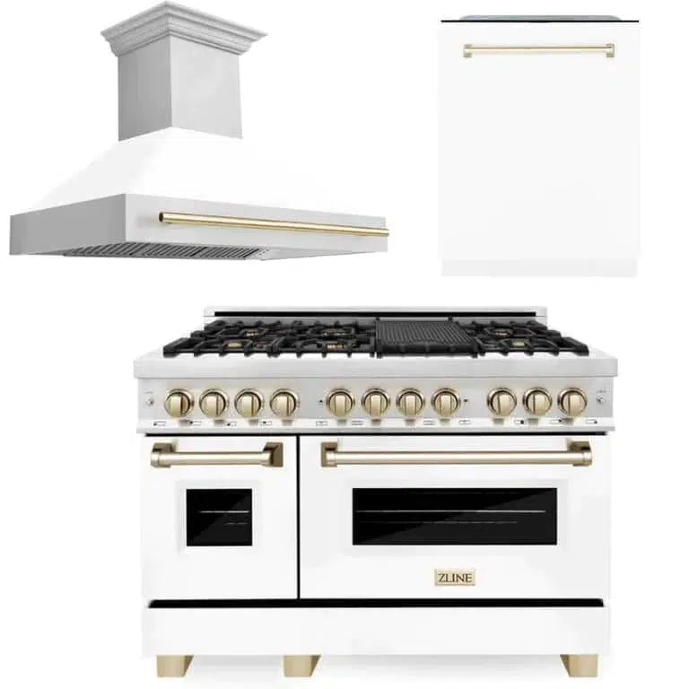 Autograph Edition 48 in. Kitchen Package with Stainless Steel Dual Fuel Range with White Matte Door, Range Hood and Dishwasher with Polished Gold Accents 3AKPRAWMRHDWM48G