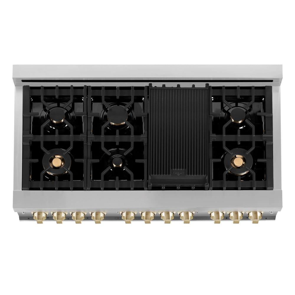 Autograph Edition 48 in. Kitchen Package with Stainless Steel Dual Fuel Range with White Matte Door, Range Hood and Dishwasher with Polished Gold Accents 3AKPRAWMRHDWM48G, product image 5 of 23