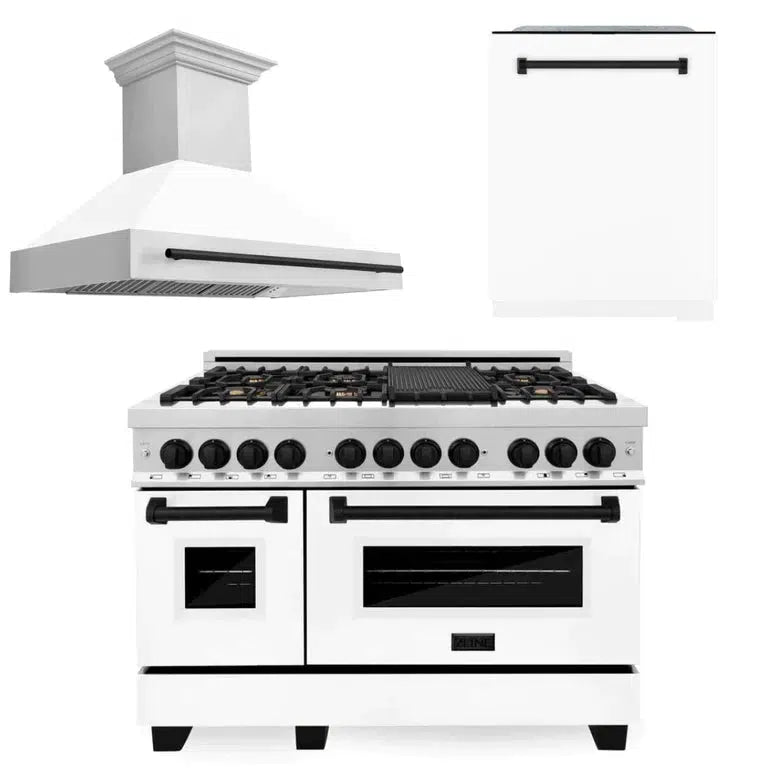 Autograph Edition 48 in. Kitchen Package with Stainless Steel Dual Fuel Range with White Matte Door, Range Hood and Dishwasher with Matte Black Accents 3AKPRAWMRHDWM48MB