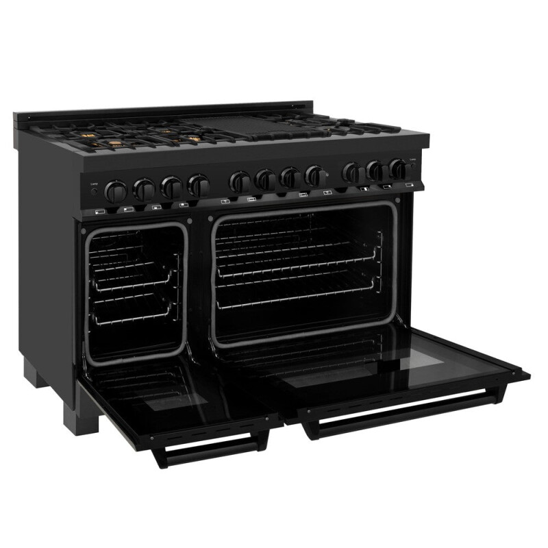 48 in. Kitchen Package with Black Stainless Steel Dual Fuel Range, Convertible Vent Range Hood and Microwave Drawer 3KPRABRH48MW