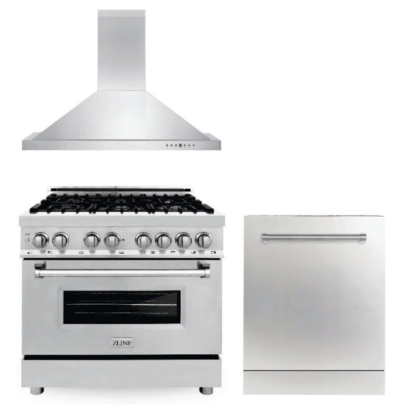 36 in. Kitchen Package with Stainless Steel Dual Fuel Range, Convertible Vent Range Hood and Dishwasher 3KPRARH36DW