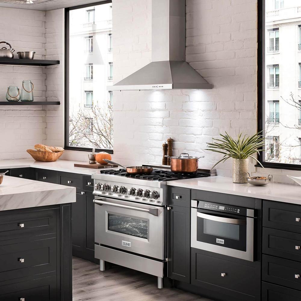 36 in. Kitchen Package with Stainless Steel Dual Fuel Range, Convertible Vent Range Hood and Microwave Drawer 3KPRARH36MW