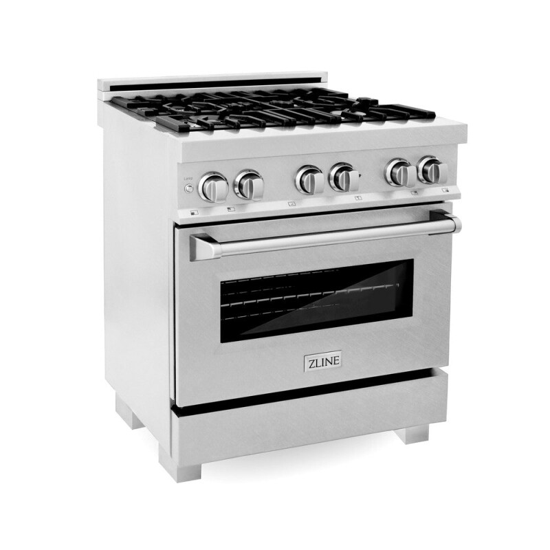 30 in. Kitchen Package with Satin Stainless Dual Fuel Range, Ducted Vent Range Hood and Dishwasher 3KPRASRH30DW