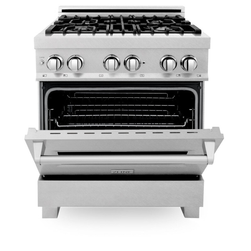 30 in. Kitchen Package with Satin Stainless Dual Fuel Range, Ducted Vent Range Hood and Dishwasher 3KPRASRH30DW