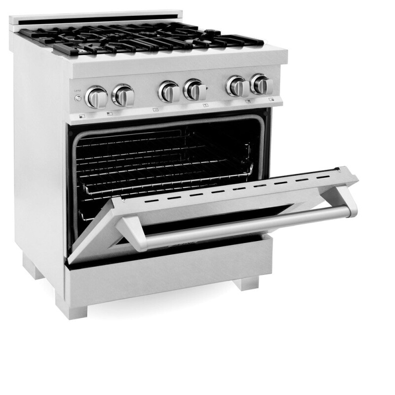 30 in. Kitchen Package with Satin Stainless Dual Fuel Range, Ducted Vent Range Hood and Dishwasher 3KPRASRH30DW