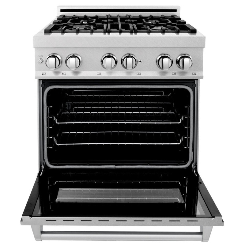 30 in. Kitchen Package with Satin Stainless Dual Fuel Range, Ducted Vent Range Hood and Dishwasher 3KPRASRH30DW