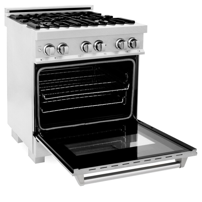 30 in. Kitchen Package with Satin Stainless Dual Fuel Range, Ducted Vent Range Hood and Dishwasher 3KPRASRH30DW
