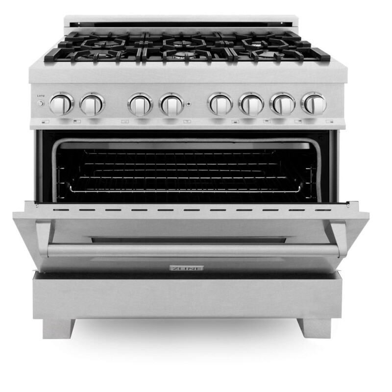 36 in. Kitchen Package with Satin Stainless Dual Fuel Range, Ducted Vent Range Hood and Dishwasher 3KPRASRH36DW