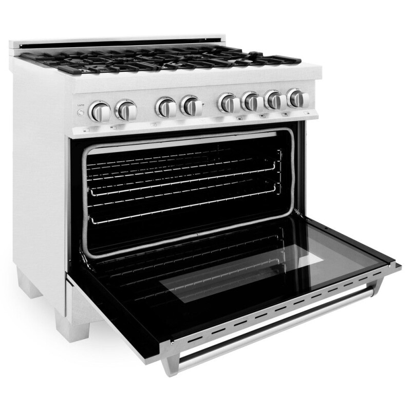 36 in. Kitchen Package with Satin Stainless Dual Fuel Range, Ducted Vent Range Hood and Dishwasher 3KPRASRH36DW