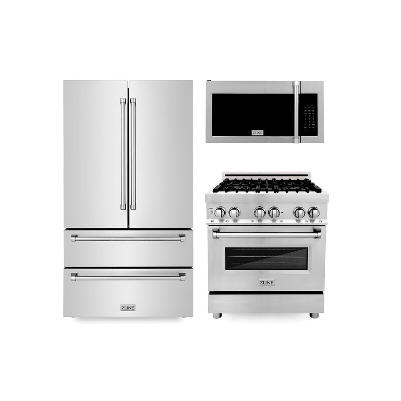 ZLINE Kitchen Package with Water and Ice Dispenser Refrigerator, 30 in. Dual Fuel Range and 30 in. Over the Range Microwave (3KPRW-RAOTRH30) 3KPRWRAOTRH30